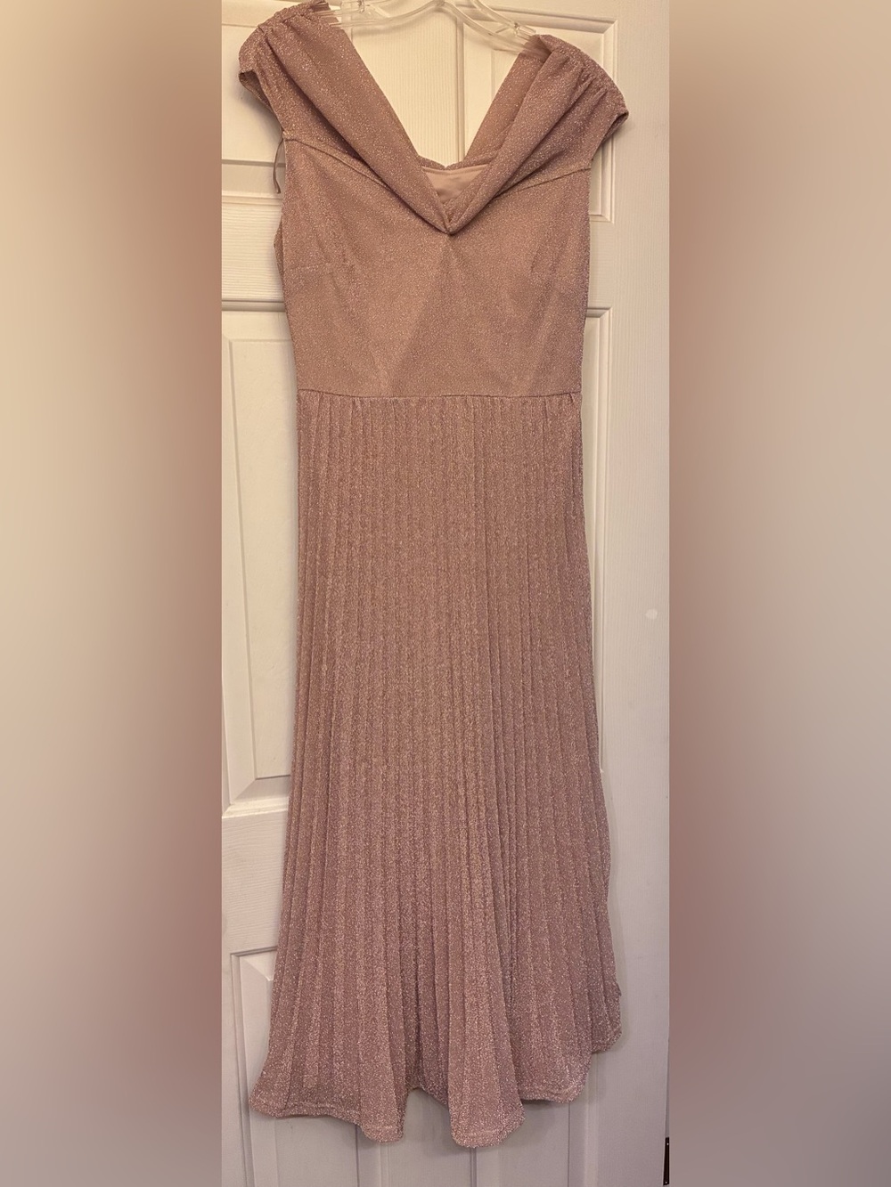 Dress Day brand, champagne color, lurex off shoulder pleated, medium, nwt